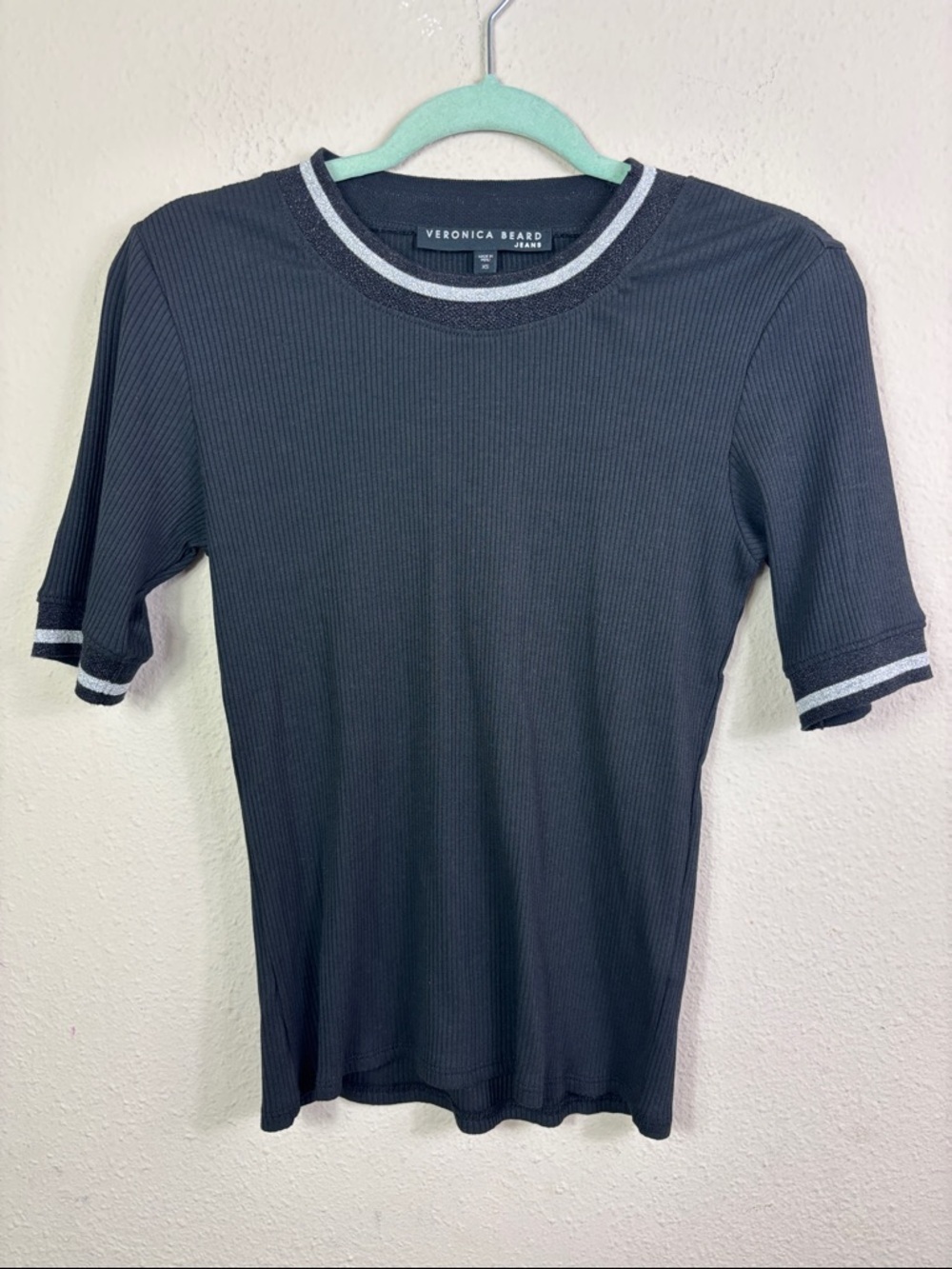 Veronica Beard Jeans Black Ribbed Top Short Sleeve Silver Metallic Trim Shirt XS